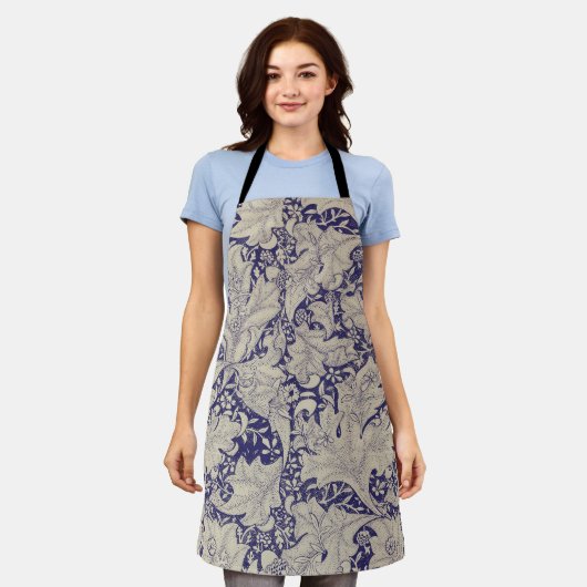 William Morris Wallflower bloemenblauw damast Schort (Gedragen)