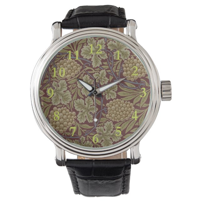 William Morris Wijnstok Druivenrood Groene Kunst Horloge (Voorkant)