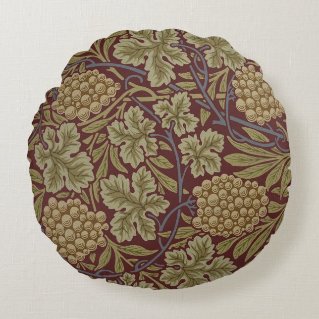 William Morris Wijnstok Druivenrood Groene Kunst Rond Kussen (Voorkant)