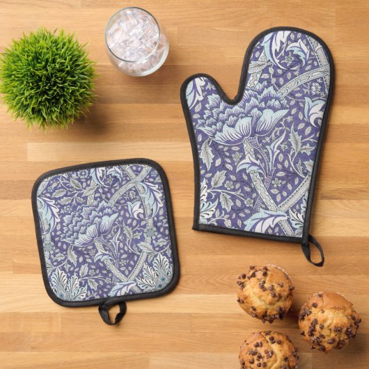 William Morris Windrush blauwe bloemen Ovenwant & Pannenlap Set (Top down)