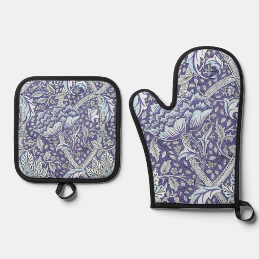 William Morris Windrush Blauwe Bloempatroon Ovenwant & Pannenlap Set (Voorkant)