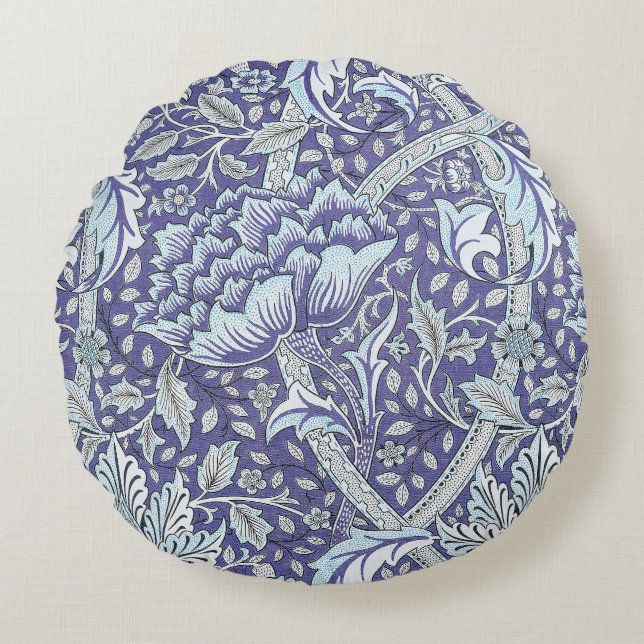 William Morris Windrush Blauwe Bloempatroon Rond Kussen (Voorkant)