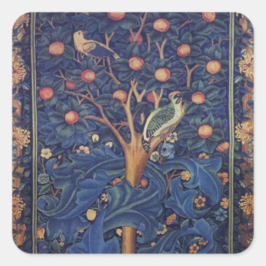 William Morris Woodpecker Tapestry Arts & Crafts Vierkante Sticker (Voorkant)