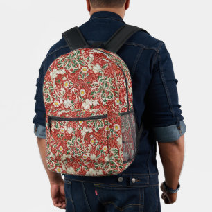 William Morris Zeewier Antieke Bloem Rood Groen Bedrukte Rugzak