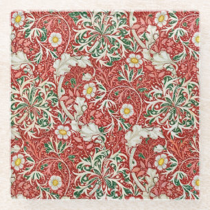 William Morris Zeewier Antieke Bloem Rood Groen Glazen Onderzetter