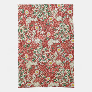 William Morris Zeewier Antieke Bloem Rood Groen Theedoek