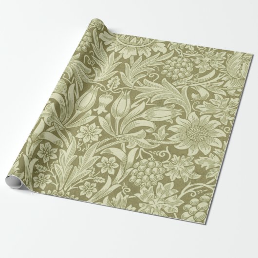 William Morris Zonnebloem Groene Bloem Cadeaupapier (Uitgerold)