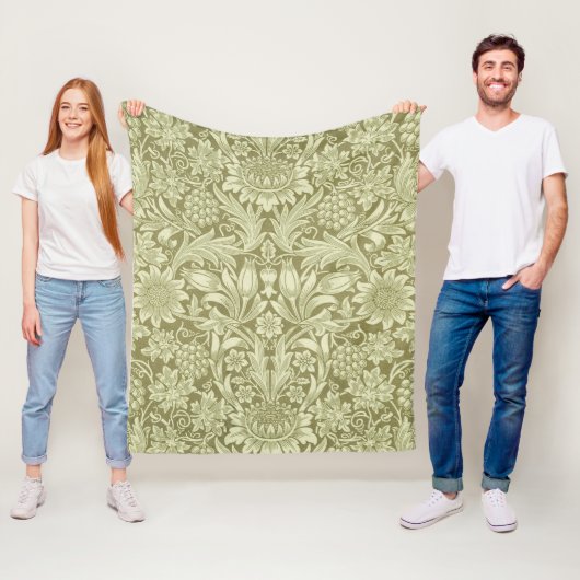 William Morris Zonnebloem Groene Bloem Fleece Deken (In situ)