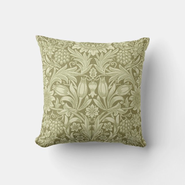 William Morris Zonnebloem Vintage Olijfgroene Dama Kussen (Voorkant)