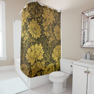 William Morris Zwart En Goud Bloemmotief Douchegordijn