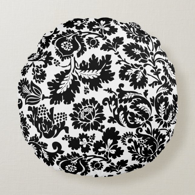 William Morris Zwart Wit Venetiaans Bloemmotief Rond Kussen (Voorkant)