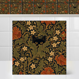 William Morris Zwarte Kat Acanthus Blad Tapijt Tegeltje