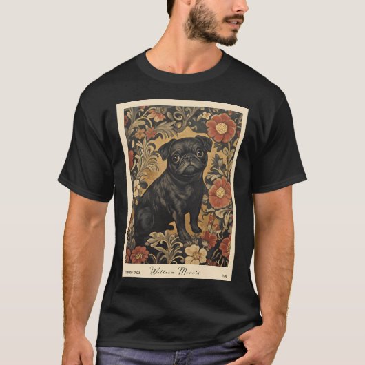 William Morris Zwarte Pug Bloem T-shirt (Voorkant)
