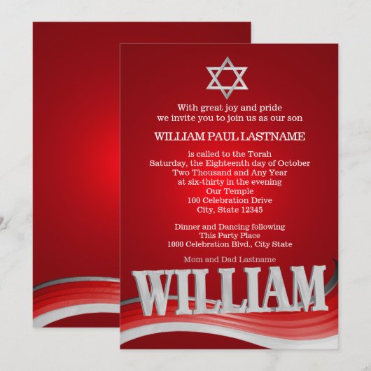 William Steel Wave Red Bar Mitzvah Kaart (Voorkant / Achterkant)