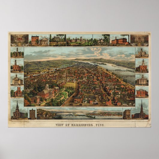 Williams-kaart van Harrisburg, PA (1855) herdruk Poster (Voorkant)