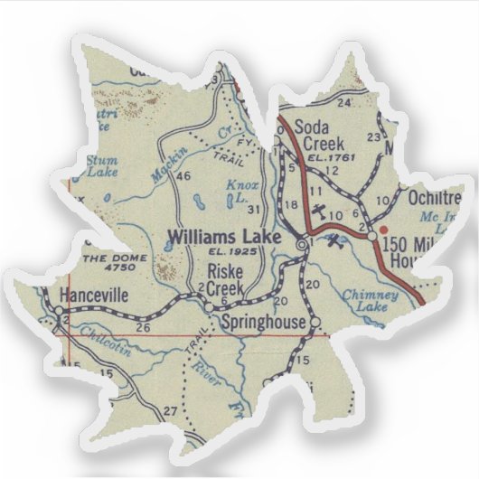 Williams Lake BC 50's Kaart Sticker (Voorkant)