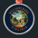 Williamsburg Virginia Retro Noodlijdende Cirkel Metalen Ornament<br><div class="desc">Williamsburg retro vector reisontwerp. Williamsburg,  een stad in de Amerikaanse staat Virginia,  was van 1699 tot 1780 de hoofdstad van de Virginia Colony.</div>