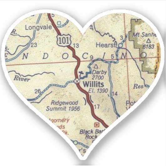 Willits CA  Map Heart Sticker (Voorkant)