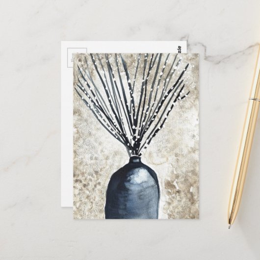 Willow in vaas waterverf briefkaart (Voorkant / Achterkant in situ)