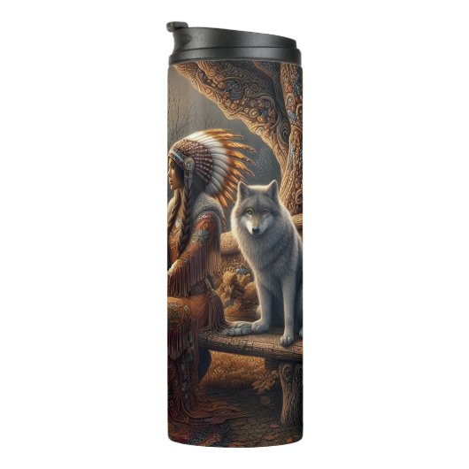 Willow Reflection: vrouw en wolf. Thermosbeker (Geroteerd rechts)