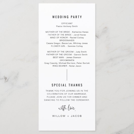 WILLOW Simple Modern Minimalist Wedding Program Menu (Achterkant)