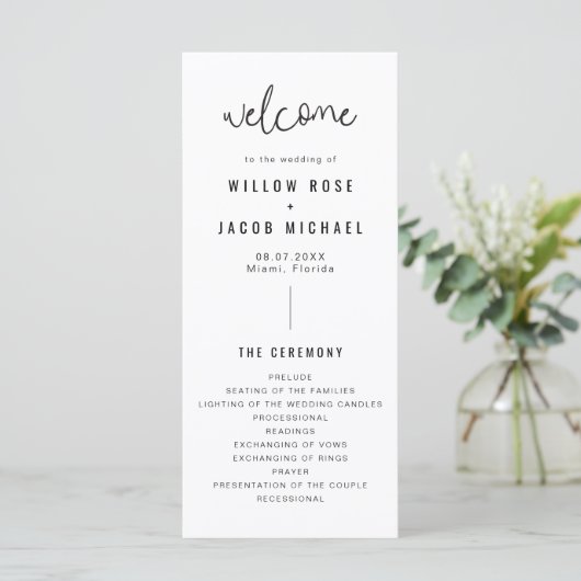 WILLOW Simple Modern Minimalist Wedding Program Menu (Staand voorkant)