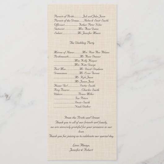 Willow tak op linnen bruiloft programma programmakaart (Achterkant)