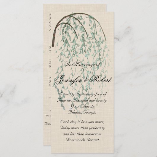 Willow tak op linnen bruiloft programma programmakaart (Voorkant / Achterkant)