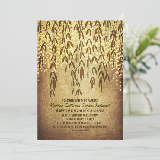 Willow Tree Branches String Lights Huwelijksuitnod Kaart (Staand voorkant)