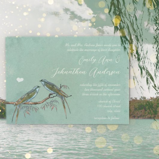 Willow Tree Grove Green Blue Love Bird Wedding Kaart