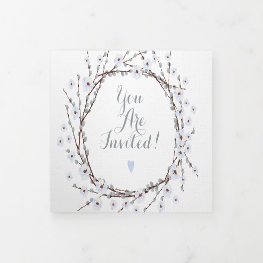 Willow Twig Cerulean Blue Floral Wreath Wedding Drieluik Uitnodiging (Cover)