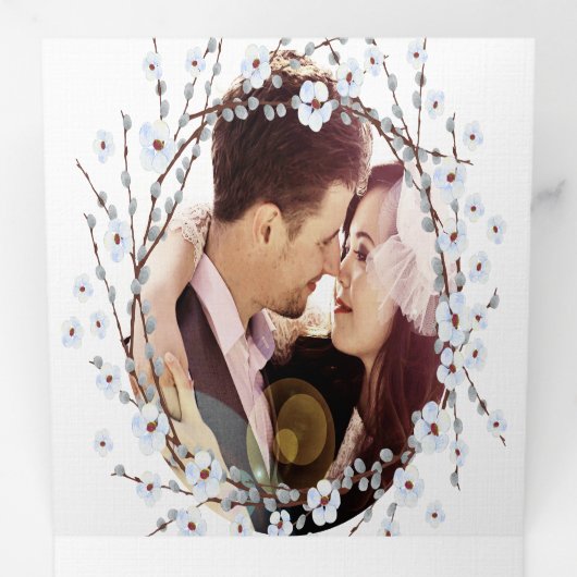 Willow Twig Cerulean Blue Floral Wreath Wedding Drieluik Uitnodiging (Binnenzijde eerst)