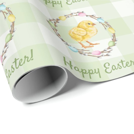 Willow Wreath And Chick Happy Easter Green Gingham Cadeaupapier (Rol Hoek)