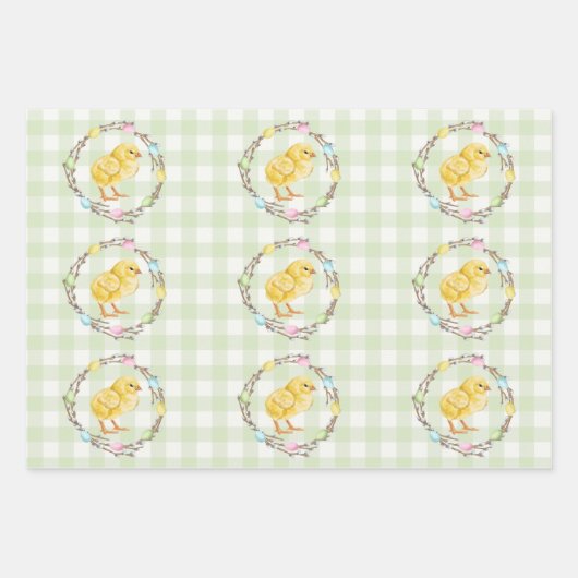 Willow Wreath With Eggs And Chick Green Gingham Inpakpapier Vel (Voorkant 2)