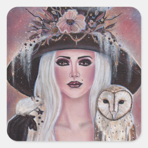 Wilona Witch met uil en muis van Renee Lavoie Vierkante Sticker