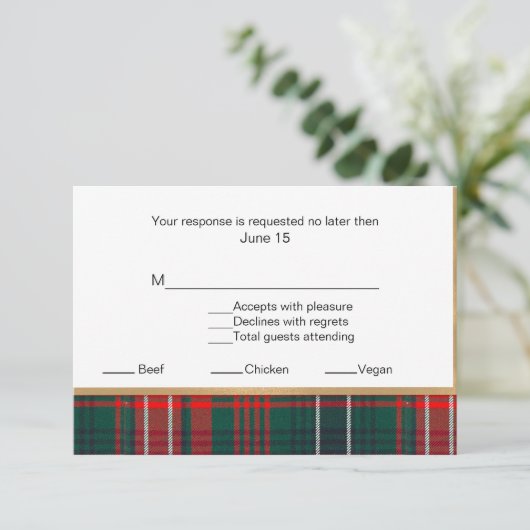 Wilson Tartan Plaid Bruiloft RSVP Kaart 2 (Staand voorkant)