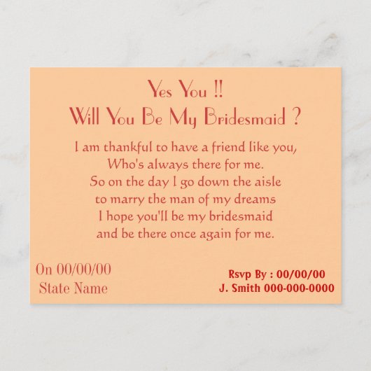 Wilt u mijn bruidsmeisje zijn, bruidsmeisje van ee uitnodiging briefkaart (Achterkant)