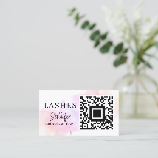 Wimper Extensions QR Code Waterverf Roze Goud Visitekaartje (Staand voorkant)