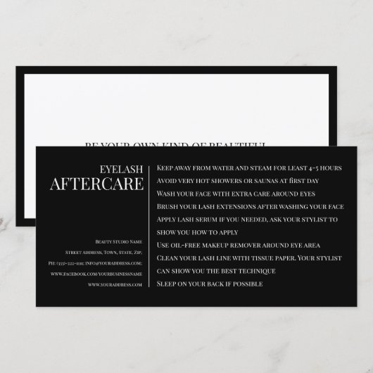 Wimper nazorg instructie zwart horizontaal bedankkaart (Voorkant / Achterkant)