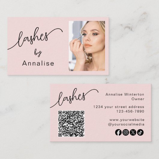 Wimpers Blush Roze Script Sociaal Icoon QR Code Fo Visitekaartje (Voorkant / Achterkant)