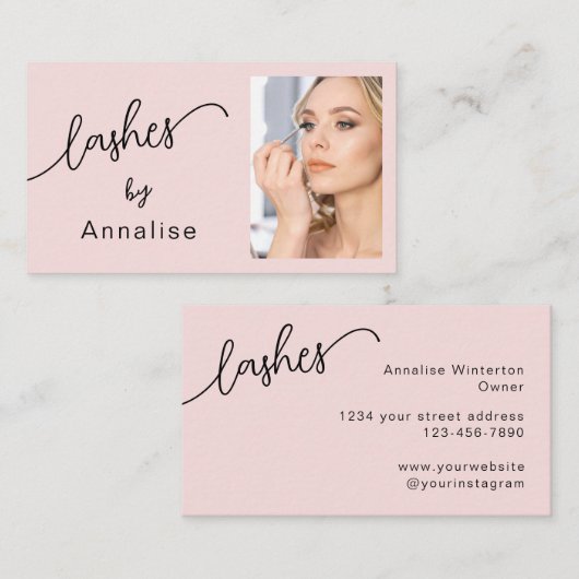 Wimpers Blush Roze Zwart Script Foto Visitekaartje (Voorkant / Achterkant)