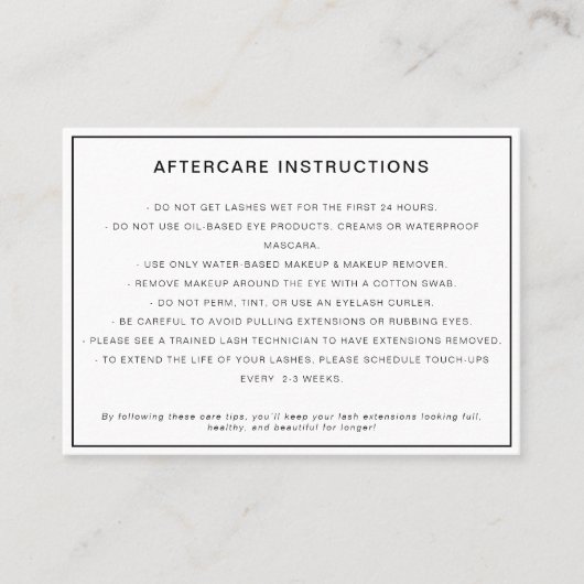 Wimpers extensies na moderne verzorging instructie visitekaartje (Voorkant)