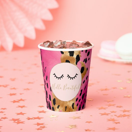 Wimpers Meisje Roze Glam Zwart Goud Luipaard Papieren Bekers (Insitu)