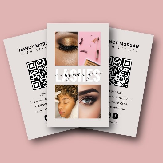 Wimpers Script Foto Collage Qr Code Beige Visitekaartje