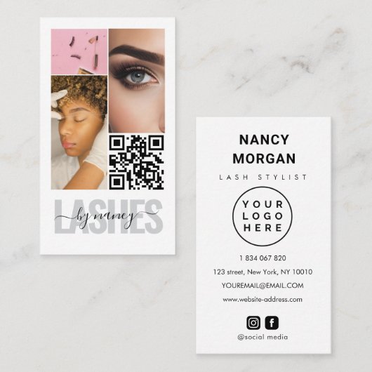 wimpers Typografie 3 Foto Collage Qr Code Logo Visitekaartje (Voorkant / Achterkant)