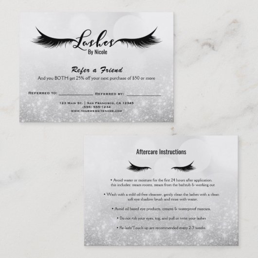 Wimpers Verwijs een vriend Nazorg Instructie Zilve Aanbevelingskaartje (Voorkant / Achterkant)