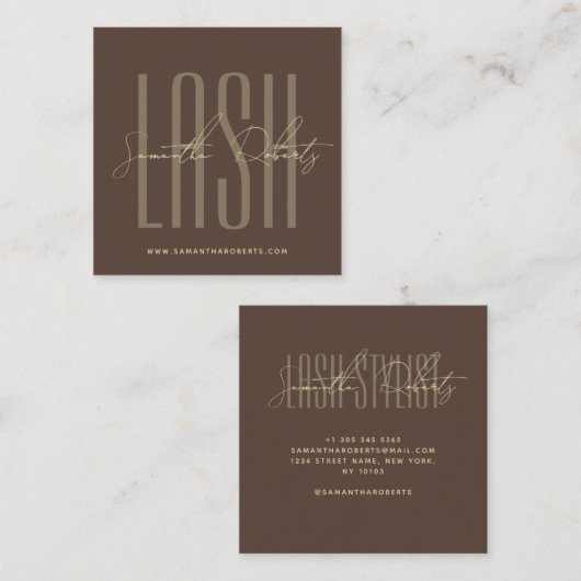 Wimperstylist moderne typografie script bruin vier vierkante visitekaartje (Voorkant / Achterkant)