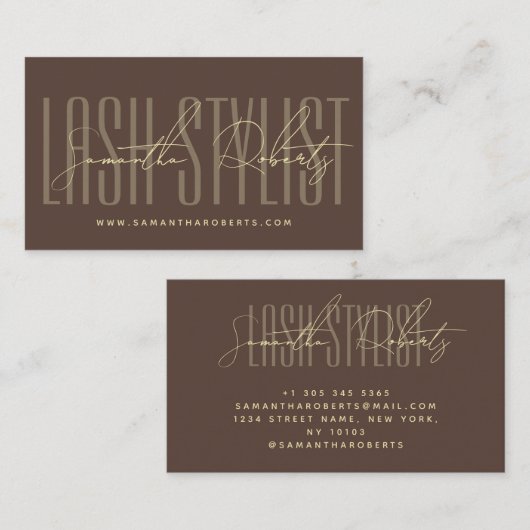 Wimperstylist moderne typografie script bruin visitekaartje (Voorkant / Achterkant)