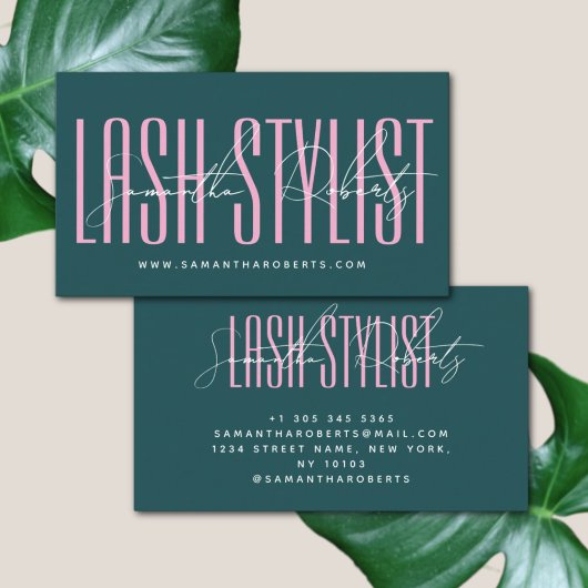 Wimperstylist moderne typografie script groen roze visitekaartje