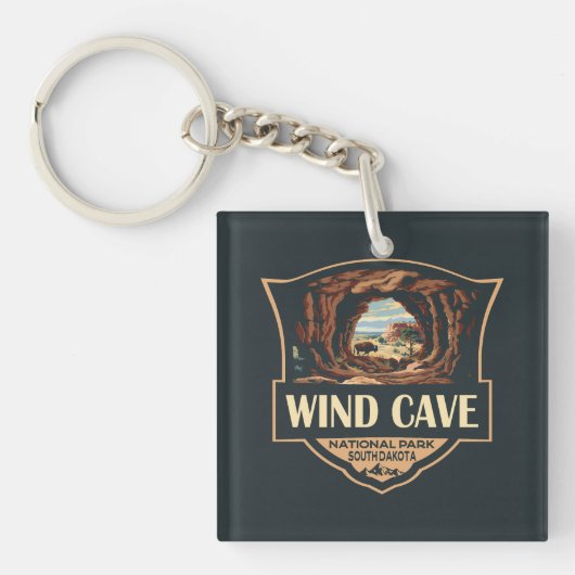 Wind Cave National Park Illustratie Retro Badge Sleutelhanger (Voorkant)